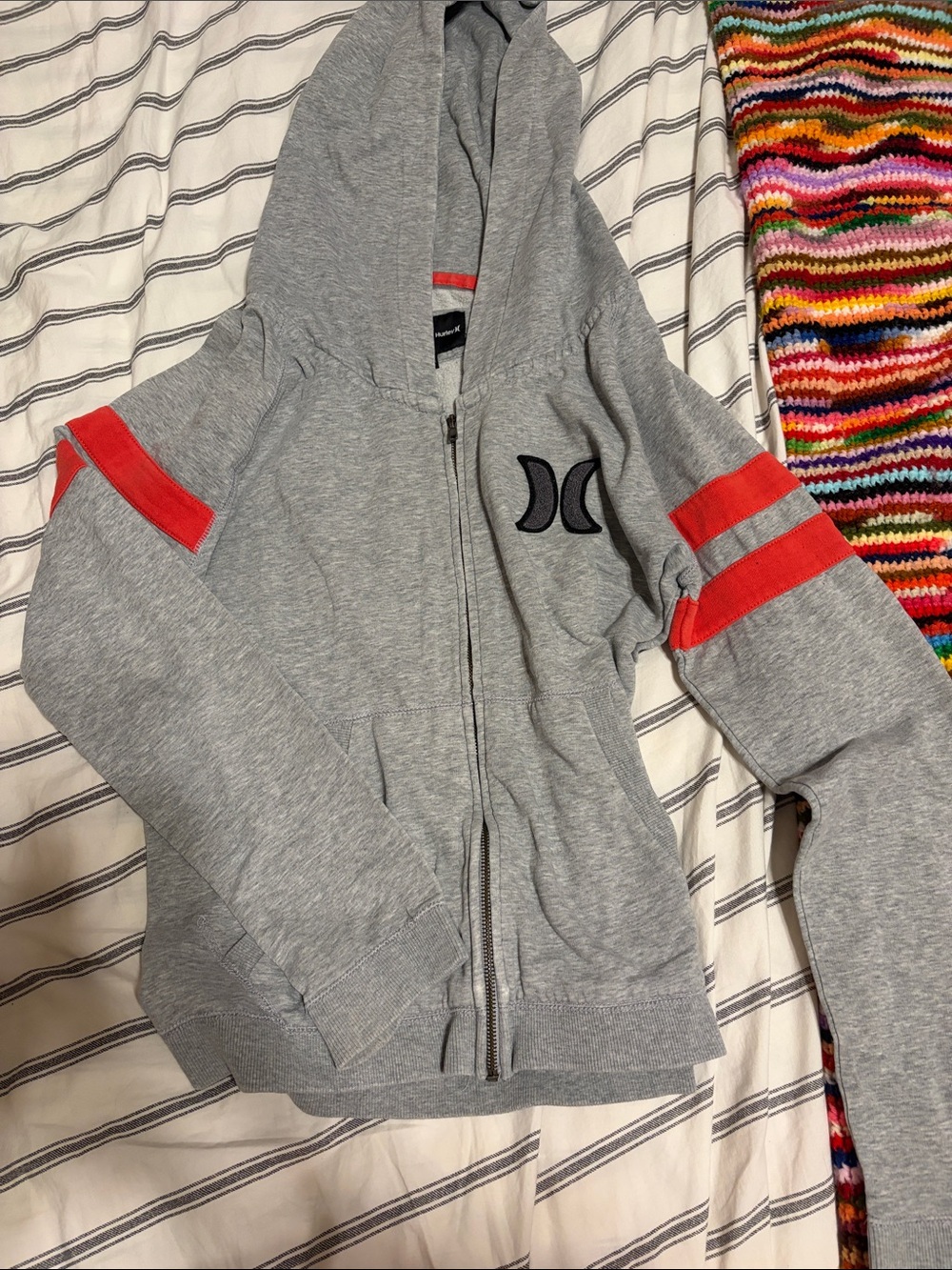 Hurley Grey Zip Hoodie with Red Sleeve Stripes
